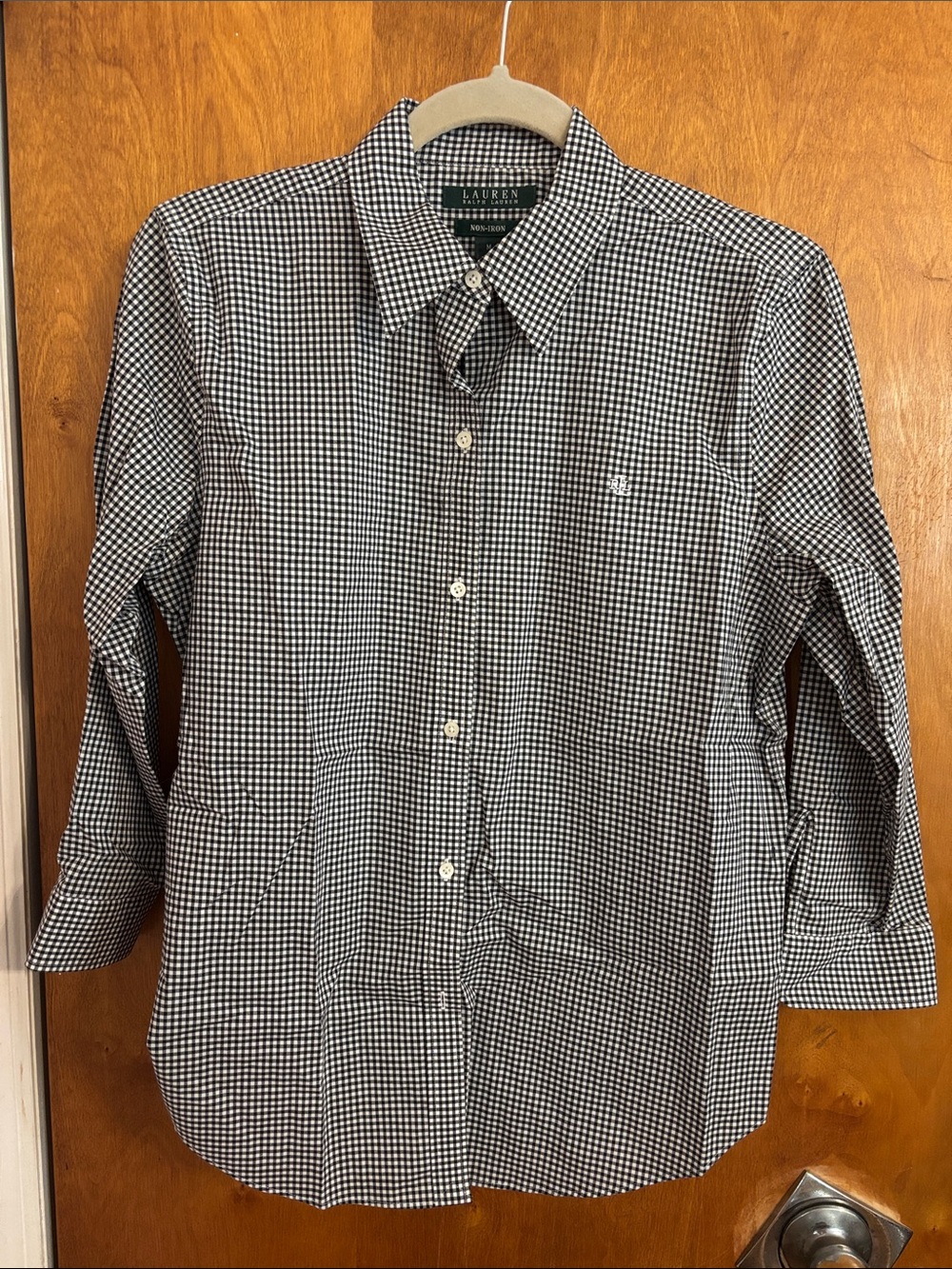 Ralph Lauren 3/4 sleeve Black Gingham 100% cotton button down shirt Size Medium